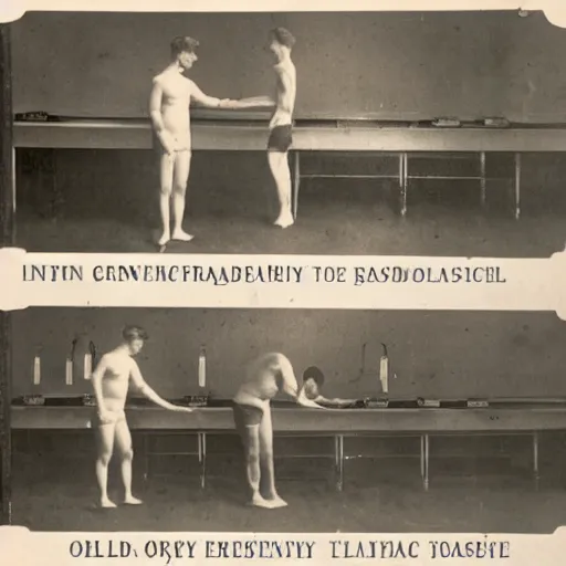 Prompt: Theory of Body Transfer as seen in an old medical instruction book, year 1920, photo taken in an archive lab