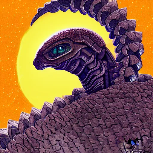 Image similar to an alien cyborg pangolin, digital art, highly detailed, fantasy, space background