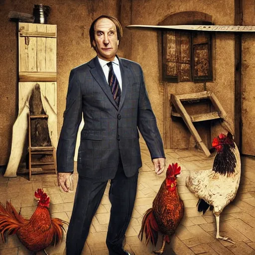 Image similar to saul goodman and a rooster in a medieval torture chamber, saw blades and knives in the background, horror movie, saul goodman, rooster, real life photo, detailed face