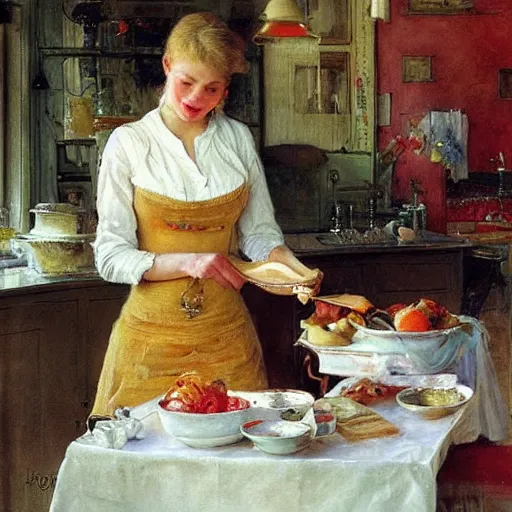 Image similar to beautiful blonde woman making breakfast morning painting volegov carl larsson