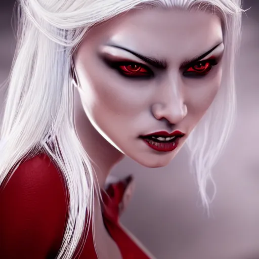 Image similar to a highly detailed portrait of a humanoid demon girl with white hair, red horns, in white clothes, artstation, deviantart, professional, unreal engine 5, photorealistic