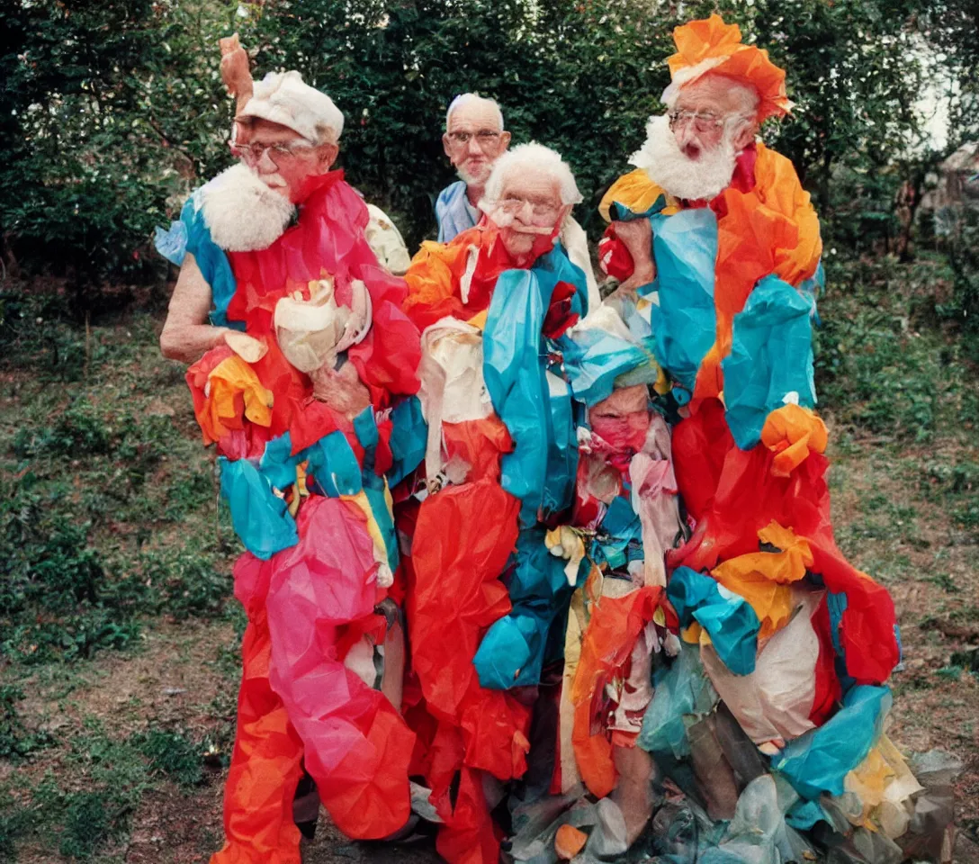 Image similar to a martin parr photo of a grandpa couple, wearing weird trash costumes, fujifilm velvia 5 0