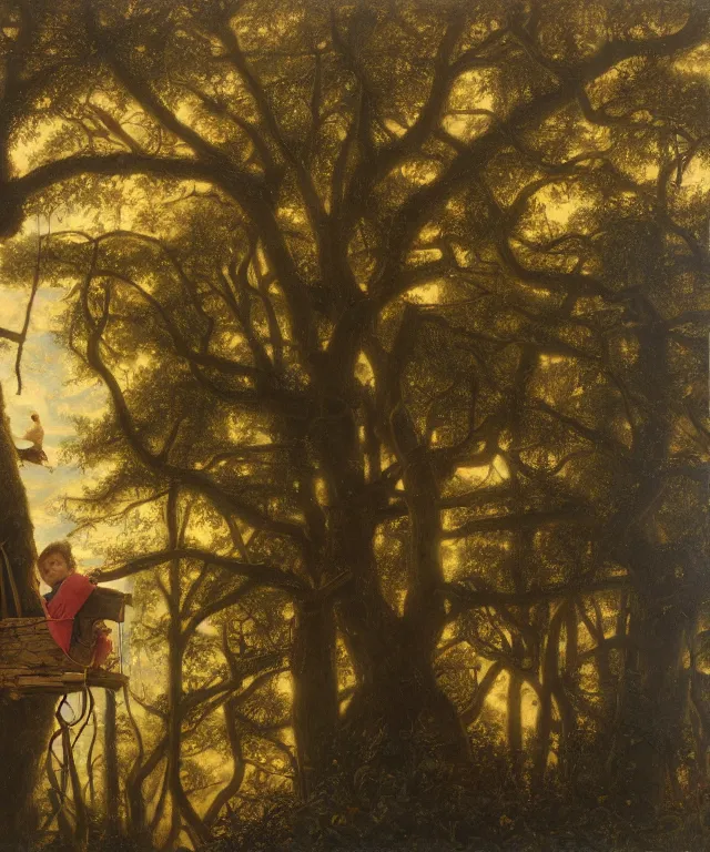 Image similar to masterful oil on canvas painting, eye - level view, shot from 5 0 feet distance, of a kid playing in a treehouse. in the background is a whimsical sparse forest. by ambrosius benson and gerald brom. golden hour, detailed, depth, volume, chiaroscuro, quiet intensity, vivid color palette.