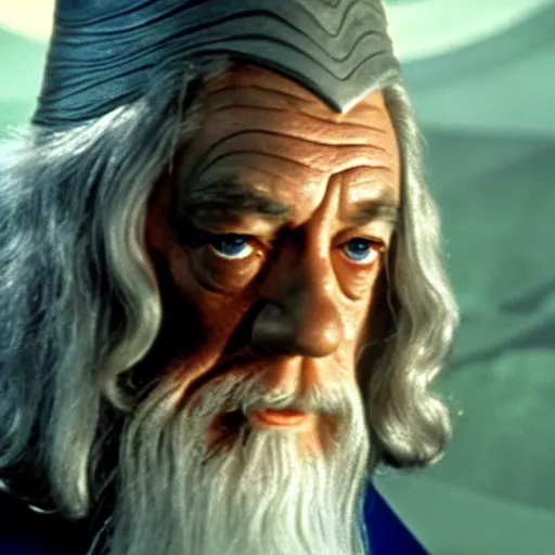 Image similar to A still of Gandalf as Captain Kirk on Star Trek, sharp focus, high quality, 4k