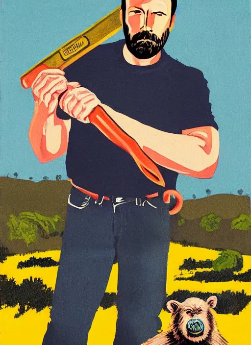 Image similar to full - body portrait of ben affleck wearing checkered shirt and white cap, holding a huge monkey wrench, by billy childish, thick visible brush strokes, shadowy landscape painting in the background by beal gifford, vintage postcard illustration, minimalist cover art by mitchell hooks