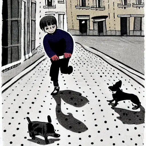 Image similar to book illustration of a french boy on the streets of paris playing football against a corgi, the dog is wearing a polka dot scarf, 1 9 6 6