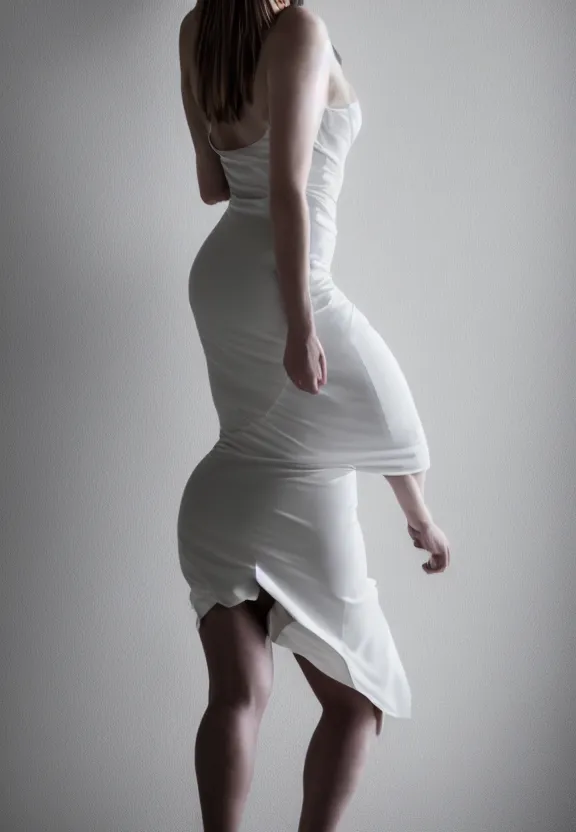 Image similar to photo of gorgeous seductive tall emily skinner cosplaying annie leonhart wearing open toe heels, wearing tight white dress, in a white room, beautiful face, pale skin, rule of thirds, cinematic lighting, sharp focus, backlit, stunning, smooth, hard focus, full body shot, studio photo, shot on sony a 7 iii