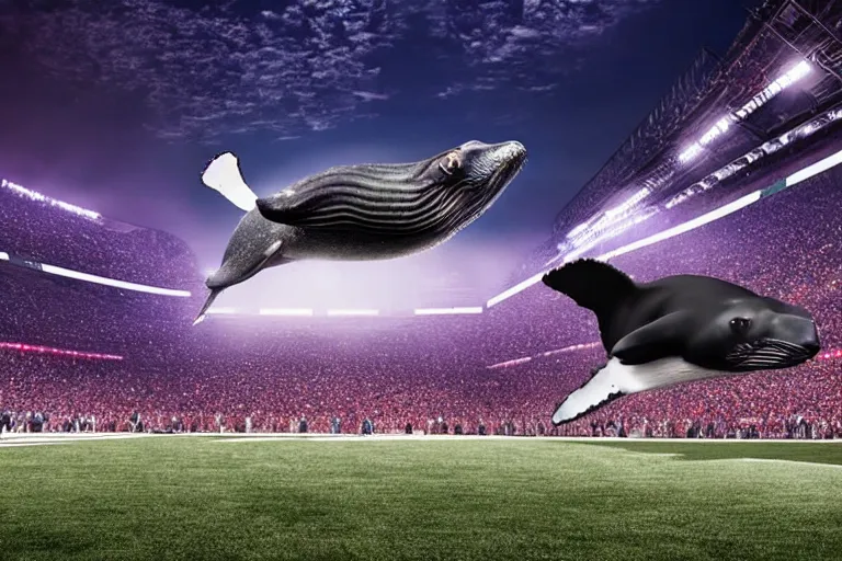 Image similar to a humpback whale flying in the air over an nfl football stadium ultra detailed realistic photograph cinematic lighting