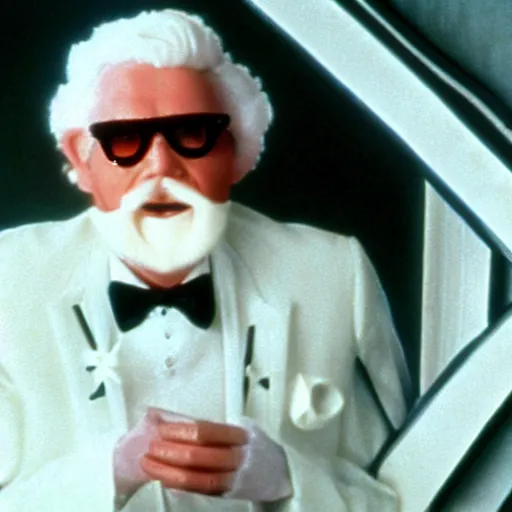 Image similar to A movie still of Colonel Sanders as a 1980s supervillian