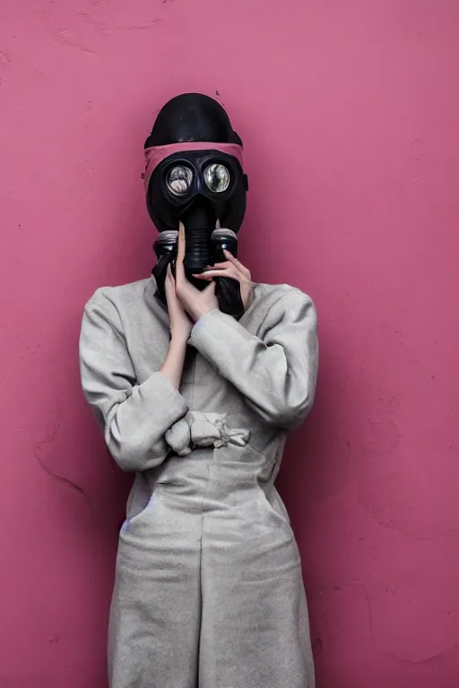 Prompt: a surreal portrait of a woman wearing a gas mask stuck in trash next to a pink wall in the style of brooke didonato, editorial fashion photography from vogue magazine, full shot, nikon d 8 1 0, ƒ / 2. 5, focal length : 8 5. 0 mm, exposure time : 1 / 8 0 0, iso : 2 0 0