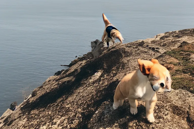 Image similar to a puppy is looking directly at the water below them while they stand at an edge of a cliff