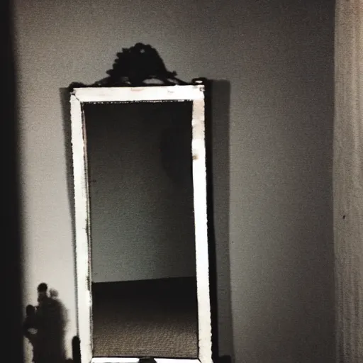 Image similar to insane nightmare, no light, everything is blurred, creepy shadows, vintage mirror, very poor quality of photography, 2 mpx quality, grainy picture