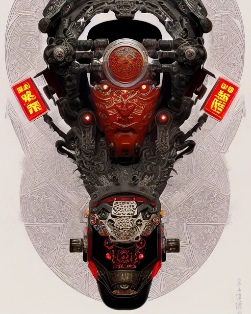 Image similar to portrait of a masculine male cyberpunk machine, machine face, upper half portrait, decorated with chinese opera motifs, asian, fine china, wuxia, traditional chinese art, intricate, elegant, highly detailed, symmetry, headpiece, digital painting, artstation concept art smooth sharp focus, illustration, art by artgerm and greg rutkowski alphonse mucha 8 k