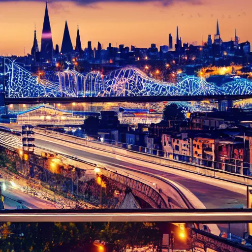 Prompt: A beautiful computer art of a cityscape with tall spires and delicate bridges. by Sou Fujimoto Sigma 85mm f/1.4