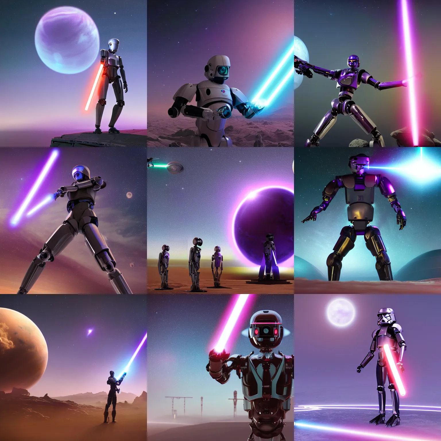 Prompt: humanoid robot wielding lightsaber in front of a violet planet in the sky, unreal engine, featured on cgsociety, trending on artstation, detailed, scifi futuristic character concept, simon stalenhag, movie still, octane render, hubble telescope, violet planet, stars, hyperrealistic, cinematic, by weta digital, epic pose