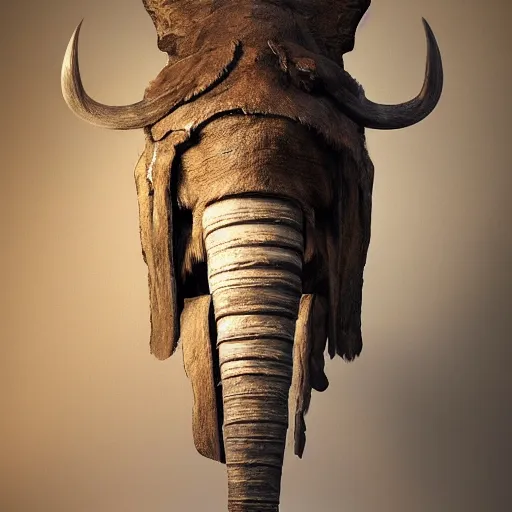 Prompt: hyperrealistic mixed media image of mammoth tusk and mammoth hide armor from skyrim, stunning 3 d render inspired art by greg rutkowski and xiang duan and thomas eakes, perfect facial symmetry, flesh texture, realistic, highly detailed attributes and atmosphere, dim volumetric cinematic lighting, 8 k octane detailed render, post - processing, masterpiece,