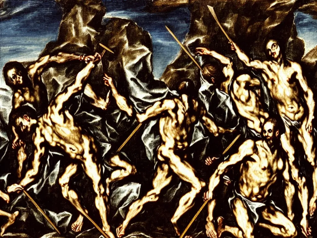 Prompt: detailed painting Cain stabs Abel with a spear by El Greco, mythological, oil painting