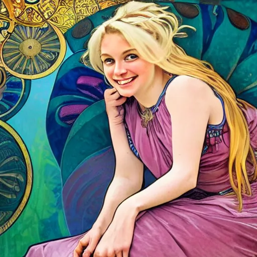 Prompt: realistic portrait of a blonde, happy, laughing, beautiful, danish scrum master. she is looking a you with loving, calm eyes. the background is colorful and inspired by alphonse mucha. hd