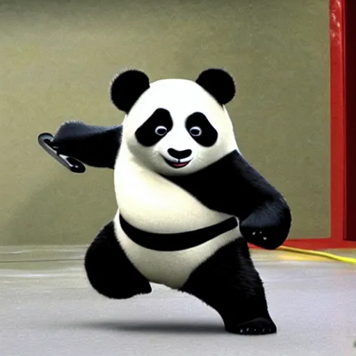 Image similar to a ninja panda in a pixar movie fighting robots