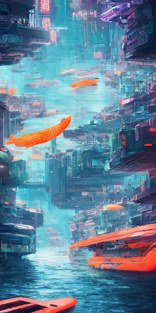 Prompt: <https://s.mj.run/MsBSq5obAXY> Asian boat floating on :: an underwater cyberpunk neon city:: futuristic :: large orange fish under water:: artstation:: Thomas dubois:: trending on artstation