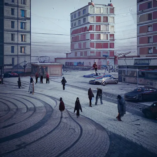 Image similar to Street photo in a crowded future Russian city on Moon, Neo Norilsk, sci-fi, 35mm, intricate, very very beautiful, elegant, highly detailed, smooth, Unreal Engine 5, sharp focus, by Evgeny Zubkov, by Marat Zakirov, trending on Behance