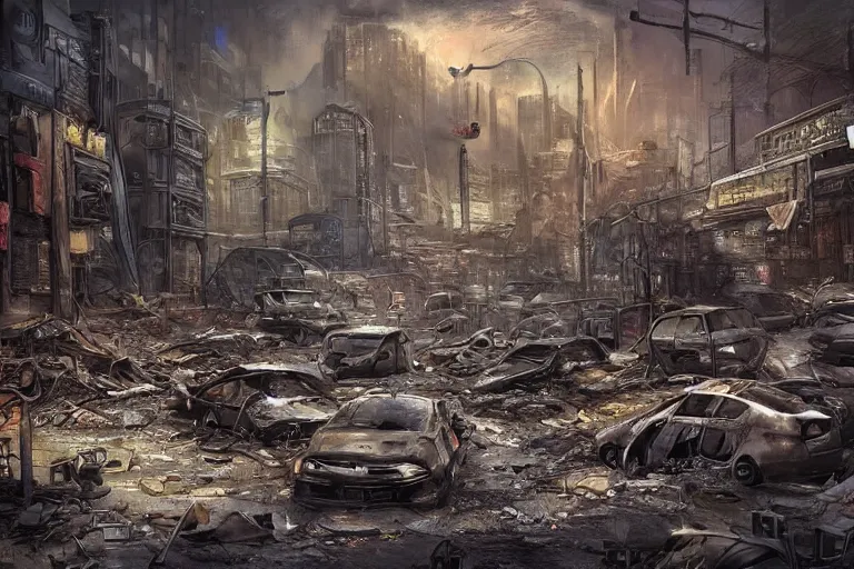 Image similar to the answer to the life!dream a lone wanderer in a dystopian city with lots of debris, cars, and fires, extremely detailed painting