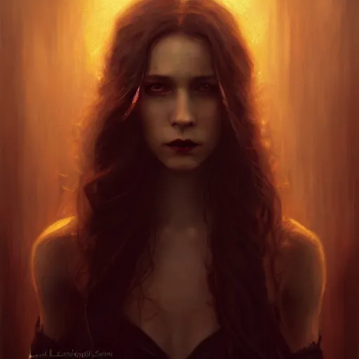 Image similar to majestic gracious regal aristocratic brunette female vampire portrait, atmospheric lighting, painted, menacing, intricate, volumetric lighting, beautiful, rich deep colours masterpiece, golden hour, sharp focus, ultra detailed, by leesha hannigan, ross tran, thierry doizon, kai carpenter, ignacio fernandez rios