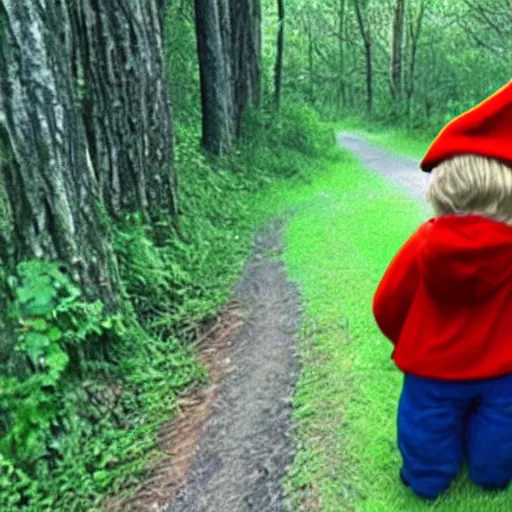 Image similar to bad quality screenshot of a leaked video of a small person dressed as gnome looking at me at a forest trail, photo taken from far away, night time, bright camera flash, camera shaking, disturbing, very scary, realistic, very disturbing, help me please im disturbed, ultrarealistic, 480p, scary