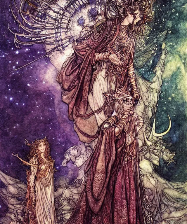 Image similar to A detailed horned many-multiplefaced-goddess stands among the cosmos. Wearing a ripped mantle-robe in cosmic texture. Blurred smudged faces, extremely high details, realistic, fantasy art, solo, masterpiece, colorful art by Arthur Rackham, Dariusz Zawadzki