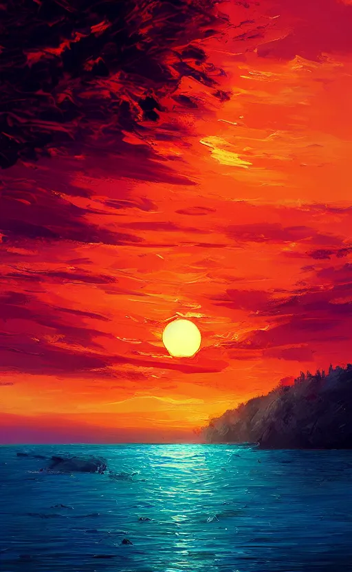 Prompt: a beautiful illustration of a sunset, art of alena aenami, featured on artstation, vertical orientation, paint brush strokes, expressionism, brushstroke - laden