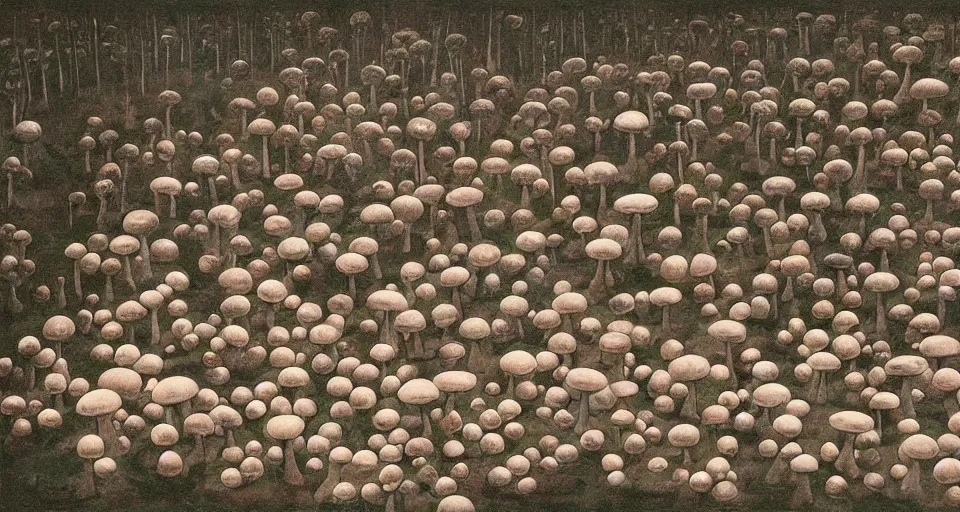 Prompt: A tribal village in a forest of giant mushrooms, by Gottfried Helnwein