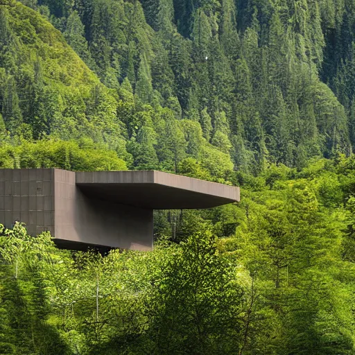 Prompt: lush and beautiful green mountain landscape, with a brutalist futuristic building, architecture, unpainted concrete, by aalto alvar, by ando tadao, by chipperfield david, frank lloyd wright, by peter zumthor