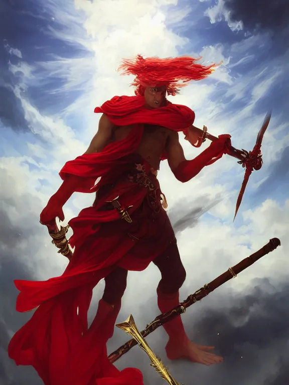 Image similar to A Portrait of a boisterous Red Mage wearing striped shining armor holding a staff of power surrounded by an epic cloudscape. The Magus Omega . Red Wizard. Morpheus. Symmetrical. masterpiece. 4k digital illustration. by Ruan Jia and Artgerm and Andreas Rocha and William-Adolphe Bouguereau and Jean-Baptiste de Champaigne. award winning, Artstation, intricate details, realistic, Hyperdetailed, 8k resolution. Smooth. Unreal Engine. Octane Render. 3D. Movie Still.