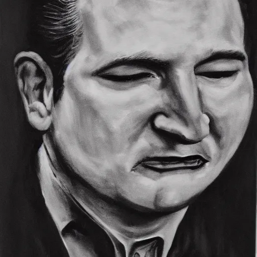 Image similar to Ted Cruz escapes, black and white, creepy lighting, scary, horror, ornate, eerie, fear, oil painting