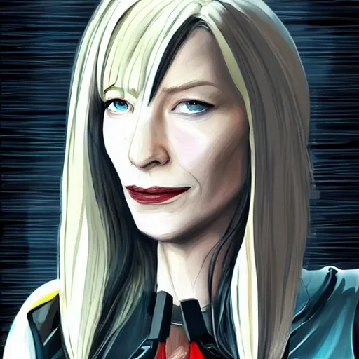 Image similar to cyborg cate blanchett, anime,drawing ,cyberpunk