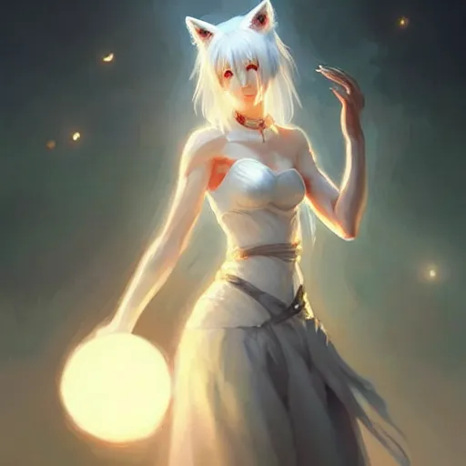 Prompt: a woman in a white dress holding a glowing ball | with nine white fox tails | a detailed painting by ross tran | wlop!!!!!!!!!!!!!!! and stanley artgerm lau | featured on deviantart | fantasy art | anime | 2 d game art | official art