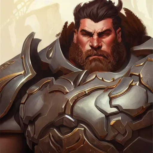 Image similar to high fantasy character portrait of a huge muscular tall giant Reinhardt from Overwatch, intricate, wild, highly detailed, digital painting, artstation, upper body, concept art, smooth, sharp focus, illustration, art by artgerm and greg rutkowski and alphonse mucha