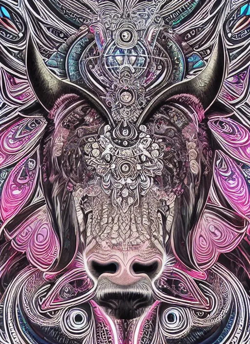 Prompt: a intricate ornate psychedelic image of a white buffalo with a glowing third eye, digital art by artgerm, alex grey, dan mumford, felix kelly, psychedelic art, psychedelic, fractalism, fractals, sacred geometry, trending on artstation, hyper - realism, highly detailed, cgsociety, octane render, raytracing, 3 d