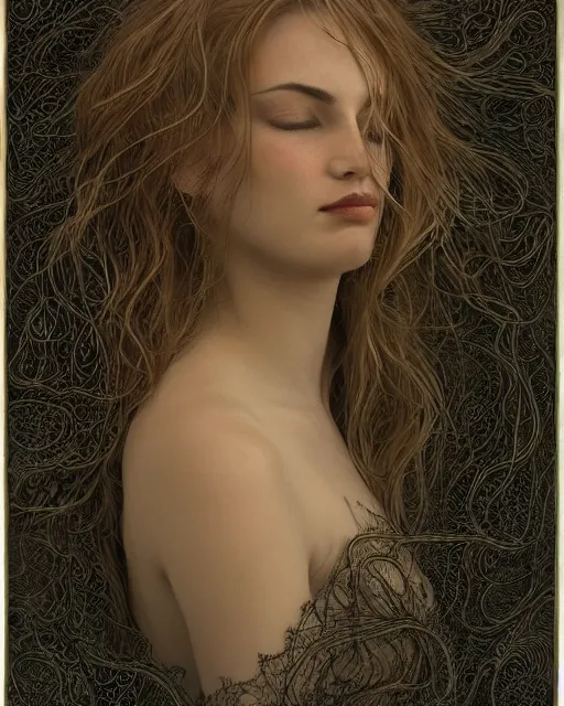 Image similar to a woman's face in profile, long flowing hair entwined in a coral reef, made of intricate decorative lace leaf, in the style of the dutch masters and gregory crewdson, dark and moody