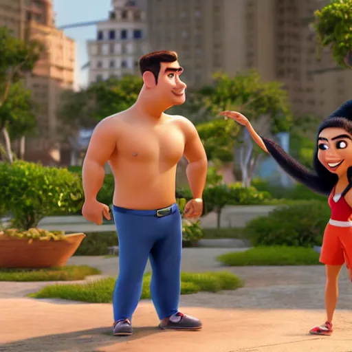 Image similar to young beautiful athletic Filipino woman with long hair and a handsome caucasian athletic man with buzzed hair, high widows peak, 5 o'clock shadow, both depicted as Pixar characters, high quality cg render