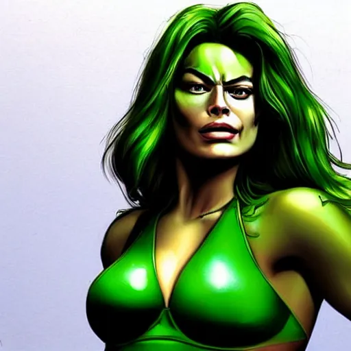 Image similar to Margot Robbie as She Hulk, realistic, detailed photo