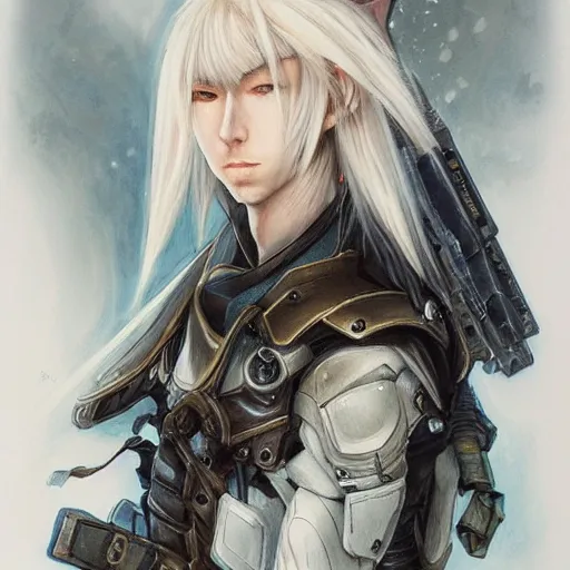 Image similar to portrait of an elf by ayami kojima, he is about 2 0 years old, androgenic, long white hair, slender and tall, smirk, he is wearing a modern tactical gear, scifi, highly detailed portrait, digital painting, artstation, concept art, smooth, sharp foccus ilustration, artstation hq