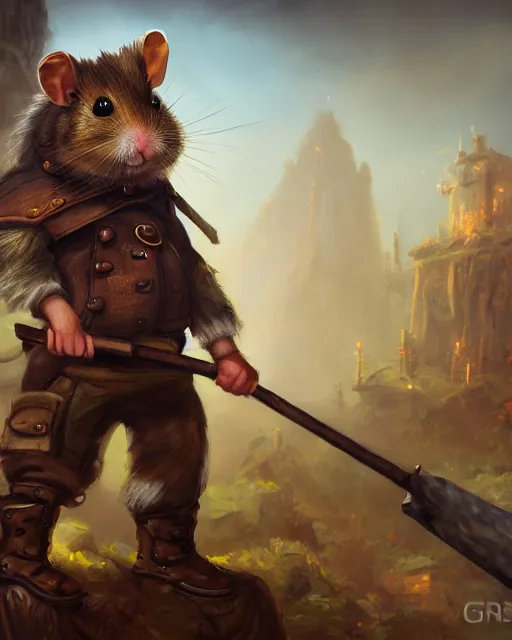 Image similar to oil painting of anthropomorphized hamster holding Pick Axe, steampunk clothes, close shot, full body, dark steampunk mine shaft background, sharp focus, fantasy style, octane render, volumetric lighting, 8k high definition, by greg rutkowski, highly detailed, trending on art Station, dungeons and dragons artwork, centered