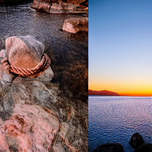 Image similar to cinematic wide shot of a lake with a rocky foreground, sunset, a bundle of rope is in the center of the lake, leica, 2 4 mm lens, 3 5 mm kodak film, f / 2 2, anamorphic