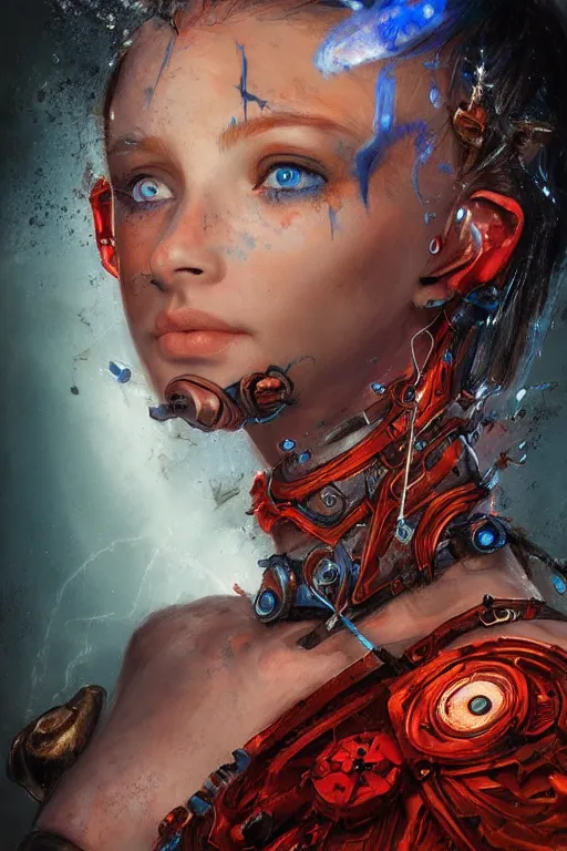 Image similar to portrait of beautiful young maiden, warhammer, cyber style, more and more cyberpunk, a lot of more scars, more and more flowers, blue head, some red water, the middle ages, highly detailed, artstation, illustration, artgerm sylvari portrait, 8 k quality, art by alfred kubin