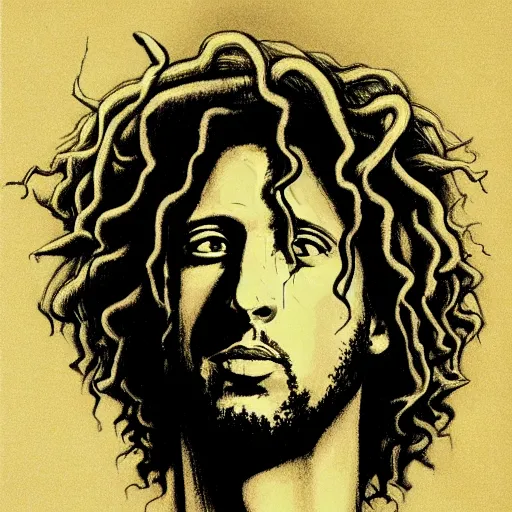 Image similar to zach de la rocha, portrait, face of medusa head, greek, drawing