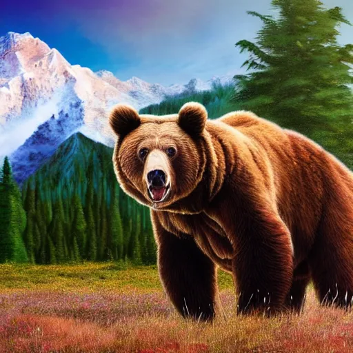 Image similar to a photo of bob ross riding on the back of a brown bear, outdoor, hyperrealistic, shutterstock contest winner, digital art, national geographic photo