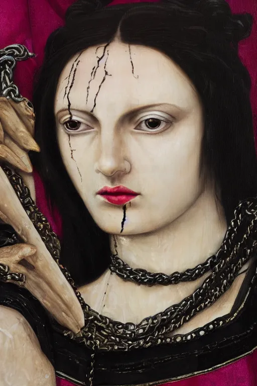 Prompt: hyperrealism close - up mythological portrait of a beautiful medieval woman's fractured face blended with dark obsidian in style of classicism, black massive chains around the neck, pale skin, ivory make up, wearing black silk robe, dark and dull palette acrylic paintdrip and magenta tar, repaired with kintsugi