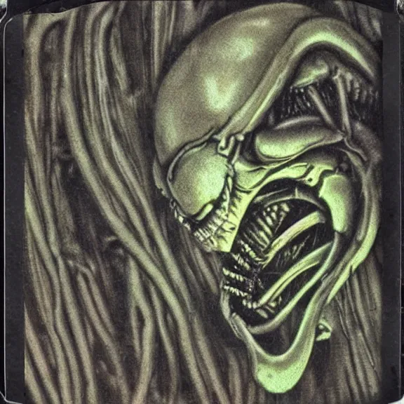 Image similar to a polaroid picture of a xenomorph with fluorescent flesh, polaroid pic by giger