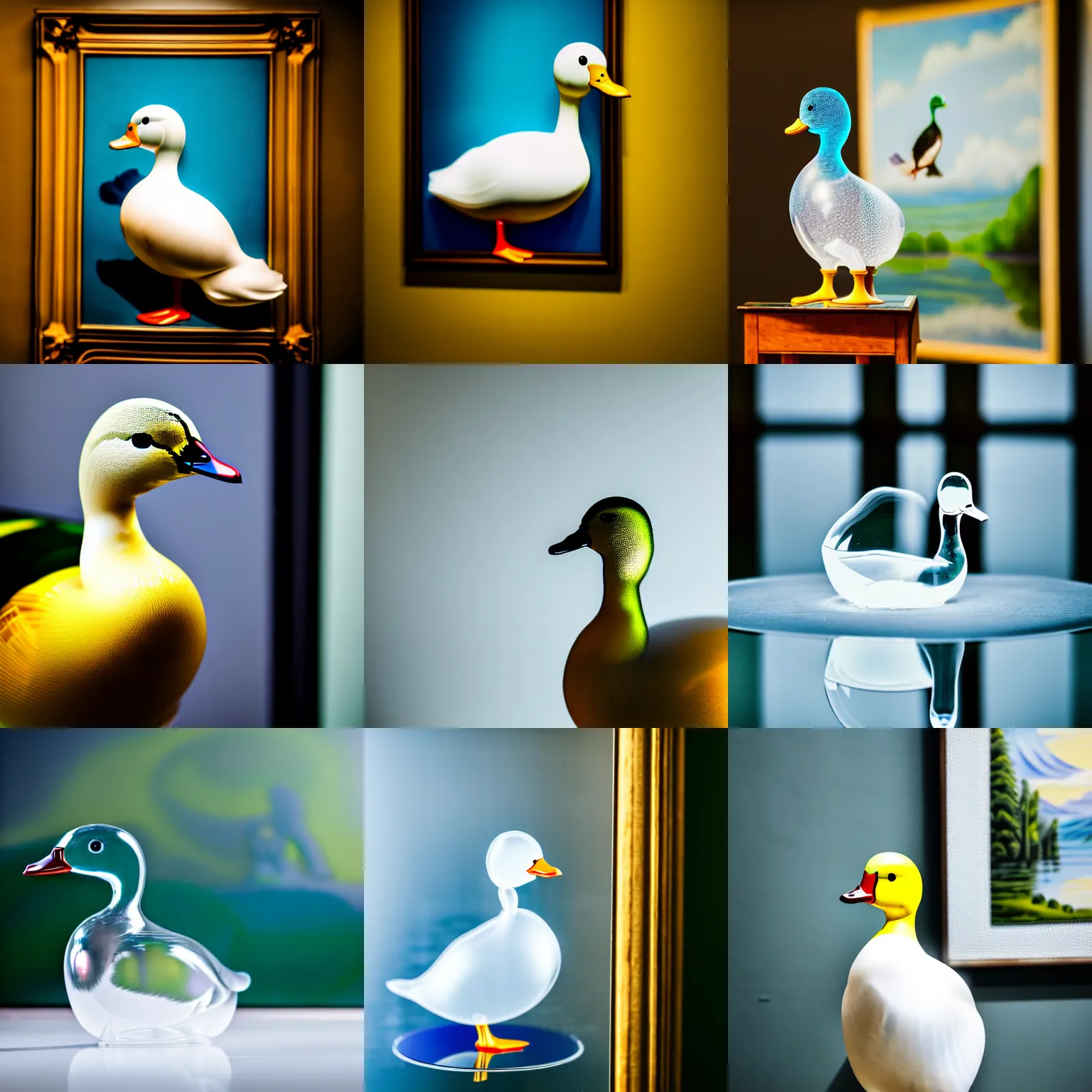 Prompt: a close up photo of a [ transparent clear glass duck in front of a painting ] [ not opaque ], professional photography, sigma 8 5 mm f / 8